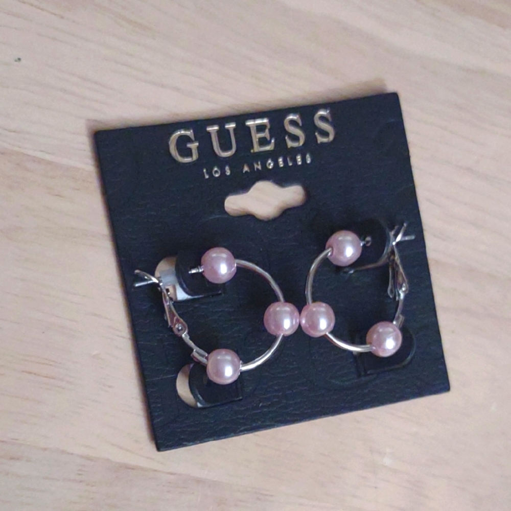 Guess Lilac Pearl Silver Small Hoop Earrings y2k Bling